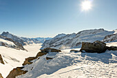 Beautiful Aletsch Glacier in a Sunny Winter Day with Snowcapped Mountain with Sunlight in Jungfraujoch in Berner Oberland, Grindelwald, Canton Bern, Canton Valais, Switzerland.