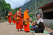 Tak Bat or the Buddhist monk's morning collection of food, Nong Khiaw, Luang Prabang Province, Laos, Southeast Asia