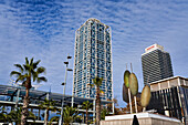 Mapfre Tower and Hotel Arts, Puerto Olímpico, Barcelona, Catalonia, Spain.