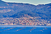 Ria de Vigo, View from the Monte do Castro Park, in the background mussel farms and the municipality of Moaña in the Morrazo, Vigo, Pontevedra, Galicia region, Spain
