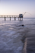  View of a blue fisherman&#39;s house with a jetty, carrelet, Pornic, Loire-Atlantique, Pays de la Loire, Brittany, France 