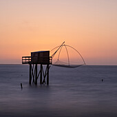  View of a fisherman&#39;s house, carrelet, at sunset, Pornic, Loire-Atlantique, Pays de la Loire, Brittany, France 