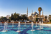  Fountain in Sultan Ahmet Park and the Blue Mosque or Sultan Ahmed Mosque in Istanbul, Türkiye  