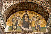  Donor mosaic with Mary, Emperor Justinian, and Emperor Constantine in the Hagia Sophia or Sophia Church, a former Byzantine church and museum in Istanbul, Türkiye  