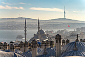 Blick über die Dächer der Süleymaniye Moschee auf die Neue Moschee Yeni Cami und den Bosporus, Istanbul, Türkei 