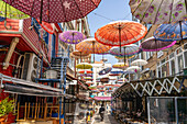  Colorful umbrellas over the Umbrella Street Hoca Tahsin in Karaköy, Istanbul, Türkiye  