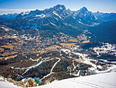  View from the Tofana - Ra Valles ski area to Cortina d&#39;Ampezzo and the Faloria ski area, Italy, Belluno, Veneto, Alps, Dolomites, Europe 