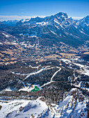  View from the Tofana - Ra Valles ski area to Cortina d&#39;Ampezzo and the Faloria ski area, Italy, Belluno, Veneto, Alps, Dolomites, Europe 