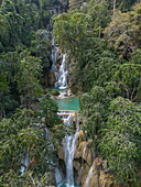  Aerial view of the majestic Kung Si Falls, Kuang Si, Luang Prabang District, Luang Prabang, Laos, Asia 