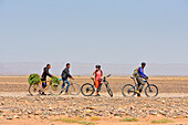 Mountain bikers with electric assistance and villagers carrying fodder on a trail through the reg, between Agdz and Zagora, Draa River valley, Province of Zagora, Region Draa-Tafilalet, Morocco, North West Africa