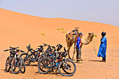 Mountain bikes and man offering camel ride at the foot of the sand dunes at Tinfou, near Tamegroute, Draa River valley, Province of Zagora, Region Draa-Tafilalet, Morocco, North West Africa