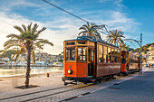  Historic tram on the waterfront promenade of Port de Soller, Mallorca, Balearic Islands, Spain 