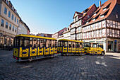  Quedlinburg tram on the market square, historic half-timbered houses, World Heritage City of Quedlinburg, Saxony-Anhalt, Germany 