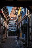  Historic half-timbered houses, Alley to Hell, World Heritage City of Quedlinburg, Saxony-Anhalt, Germany 