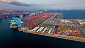 Los Angeles, United States - March 2025: Aerial View of Long Island port harbor, in Los Angeles, USA.