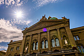 Beautiful Bundeshaus Parliament Building or Federal Palace in a Sunny Day with Sunbeam in City of Bern, Canton Bern, Switzerland.