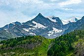Aussicht über die Schweizer Alpen vom Berninapass zum Palügletscher, Berninagruppe, Pontresina, Oberengadin, Graubünden, Schweiz.