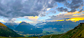 Panoramic View over City and Alpine Lake in Mountain Valley in the Swiss Alps with Blue Sky and Clouds in a Sunny Summer Day in St Moritz, Grisons, Switzerland.