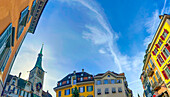 The Zeitglockenturm Clock Tower and Colorful House Facades on the Market Square in the Heart of the Baroque Old Town with Sunlight in a Sunny Autumn Day in Solothurn, Canton Solothurn, Switzerland.