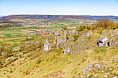  Beginning of flowering and fresh cherry blossoms on the Walberla (Zeugenberg, Ehrenbürg), Bismarckfelsen and view of Kirchehrenbach from the Walberla summit in Franconian Switzerland, Franconia, Bavaria, Germany 