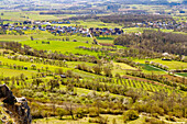  Beginning of flowering and fresh cherry blossoms on the Walberla (Zeugenberg, Ehrenbürg), view from the Walberla summit towards Wiesenthau and Schlaifhausen in the Franconian Switzerland, Franconia, Bavaria, Germany 