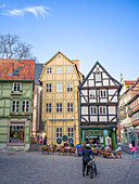  Half-timbered houses on Breite Straße at the corner of Hoken, Old Town, World Heritage City of Quedlinburg, Harz Mountains, Saxony-Anhalt, Harz District, Central Germany, Germany, Europe 