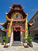“Yang Mulia Dewi Kwan Im”, pagoda dedicated to Guanyin, goddess of mercy at Vihara Dharmayana, 19th century Buddhist temple. Kuta, Bali, Indonesia.