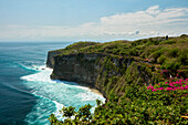 Elevated view of the iconic Uluwatu cliffs at Uluwatu Temple. Bukit peninsula, Bali, Indonesia.