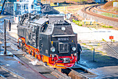  A black steam locomotive of the Harz Narrow Gauge Railway loaded with coal stands between rails at a station, Wernigerode, Saxony-Anhalt, Germany 