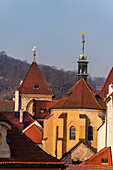 View of the Old Prague areas from the top in misty morning