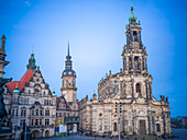  Schlossplatz at blue hour, Dresden Court Church, Hausmannsturm, Georgentor, Residenzschloss, Old Town, Dresden, Saxony, East Germany, Germany, Europe 