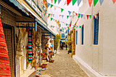  Medina with colorful facades and shops selling woven carpets and bags in Hammamet, Tunisia 