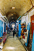  Souk with leather goods and babouches (balgha) in the Medina in Kairouan, Tunisia 