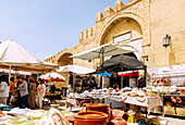  Bab Tunis (Porte Tunis), entrance to the Medina with market stalls in Kairouan, Tunisia 