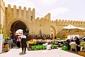 Bab Tunis (Porte Tunis), entrance to the Medina with market stalls in Kairouan, Tunisia 