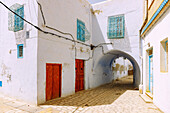  Alley with colored window grilles, colored wooden doors, and arched gates in the Medina of Kairouan, Tunisia 