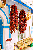  Dried piment de baklouti (baklouti pepper, chili pepper) for making harissa at a shop in the souk in the medina in Nabeul, Tunisia 