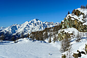 Blick auf Monte Disgrazia, Alpe Prabello, Berninagruppe, Lombardei, Italien