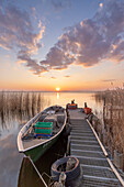 Fischerboote im Schilf im Sonnenuntergang bei Warthe, Lieper Winkel, Insel Usedom, Ostsee, Mecklenburg-Vorpommern, Deutschland