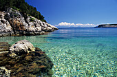 Seaweed clings to rocks in the clear waters of a small cove on the east coast of Kefalonia