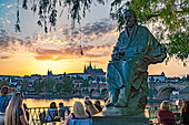  Statue of Bedrich Smetana on the Novotný pier at sunset, Prague, Czech Republic 