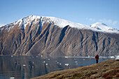  A passenger on an expedition cruise ship is dwarfed by the breathtaking scenery, Terrassepynten, East Greenland, Greenland Europe 