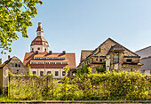  Rear view of the former slaughterhouse and the current trade fair center of Dresden, Saxony, Germany 