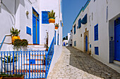Gasse mit blauen Holztüre und Fenstergittern in der (Medina) Altstadt von Sidi Bou Said, Tunesien