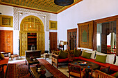  Interior (library) in the palace Dar Ennejma Ezzahra, Musical Instrument Museum (Centre des Musiques Arabes et Mediterraneenes), in the (Medina) old town of Sidi Bou Said, Tunisia 