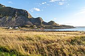  Norway, Værøy Island, autumn, road, sunrise, houses on the beach 