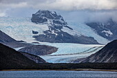  German Glacier (also known as Roncagli Glacier) in Alberto de Agostini National Park, seen from the expedition cruise ship Ventus Australis (Australis Cruises) during the &quot;Avenue of Glaciers&quot; passage in the Beagle Channel, Chilean Fjords, Magallanes and Chilean Antarctica, Patagonia, Chile, South America 