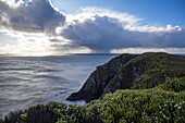  View of the Drake Passage in the Southern Ocean with storm clouds seen from the lighthouse at Cape Horn in Cape Horn National Park, Cape Horn, Isla Hornos, Magallanes y de la Antartica Chilena, Patagonia, Chile, South America 
