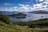  Expedition cruise ship Ventus Australis (Australis Cruises) at anchor, seen from the panoramic view of Wulaia Bay, Wulaia Bay, Magallanes and Chilean Antarctica, Patagonia, Chile, South America 