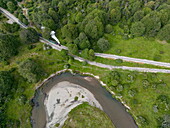  Aerial view of the Train of the End of the World along the Rio Pipo in Tierra del Fuego National Park, near Ushuaia, Tierra del Fuego, Patagonia, Argentina, South America 